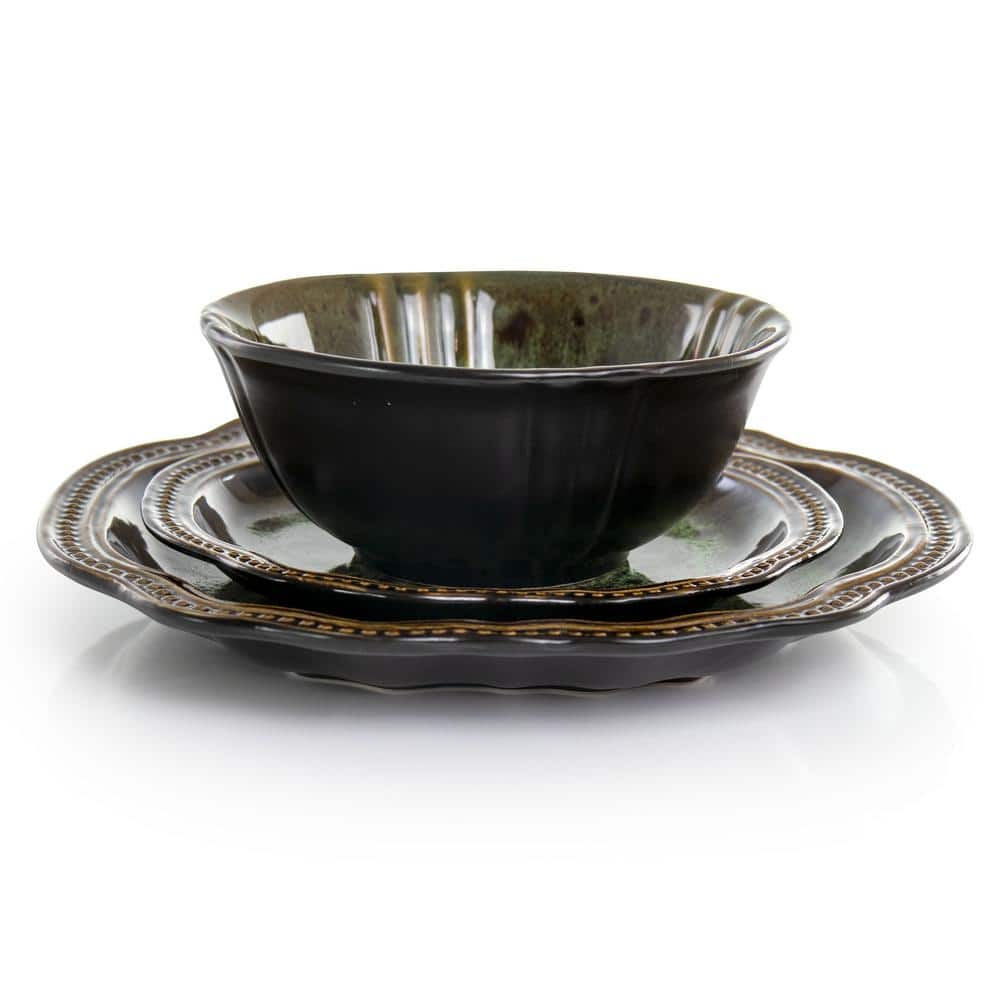 Elama Jade Waves Green Ceramic 16-Piece Dinnerware Set