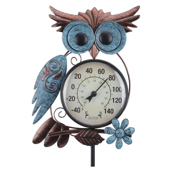 42 in. Metal Owl Outdoor Thermometer with Detachable Design, Dual-Scale Temperature Gauge for Patio and Garden