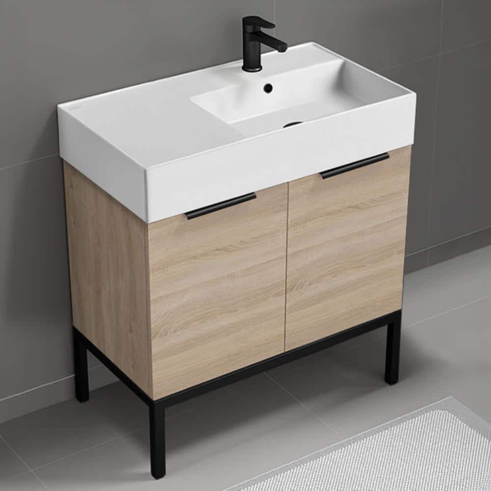 Derin 32" Brown Oak and White Ceramic Freestanding Bathroom Vanity