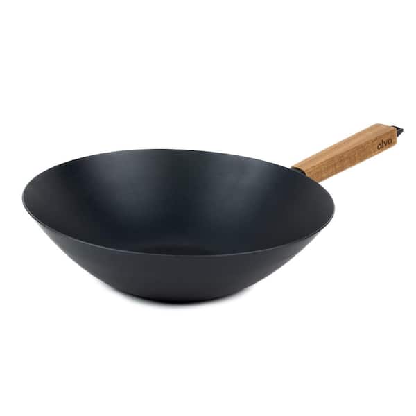 Alva Forest Carbon Steel Wok Pan 12" - Acacia Wood Handle, Pre-Seasoned and Toxin-Free Cookware