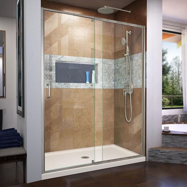 DreamLine Flex 60 in. x 72 in. Semi-Frameless Pivot Shower Door in Brushed Nickel Finish with 60 in. x 36 in. Base in Biscuit