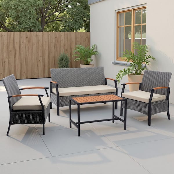 Teamson Home 4-Piece Outdoor Patio Conversation Set with Rattan Wicker Woven Back and Wood Armrests in Charcoal