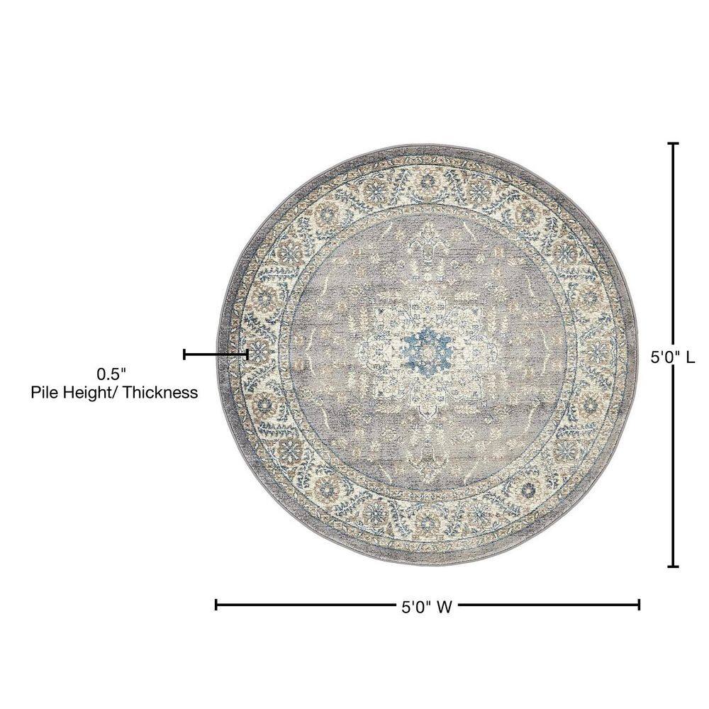 Salzburg Floral Medallion 5'1" Round Rug in Gray - Stain-Resistant