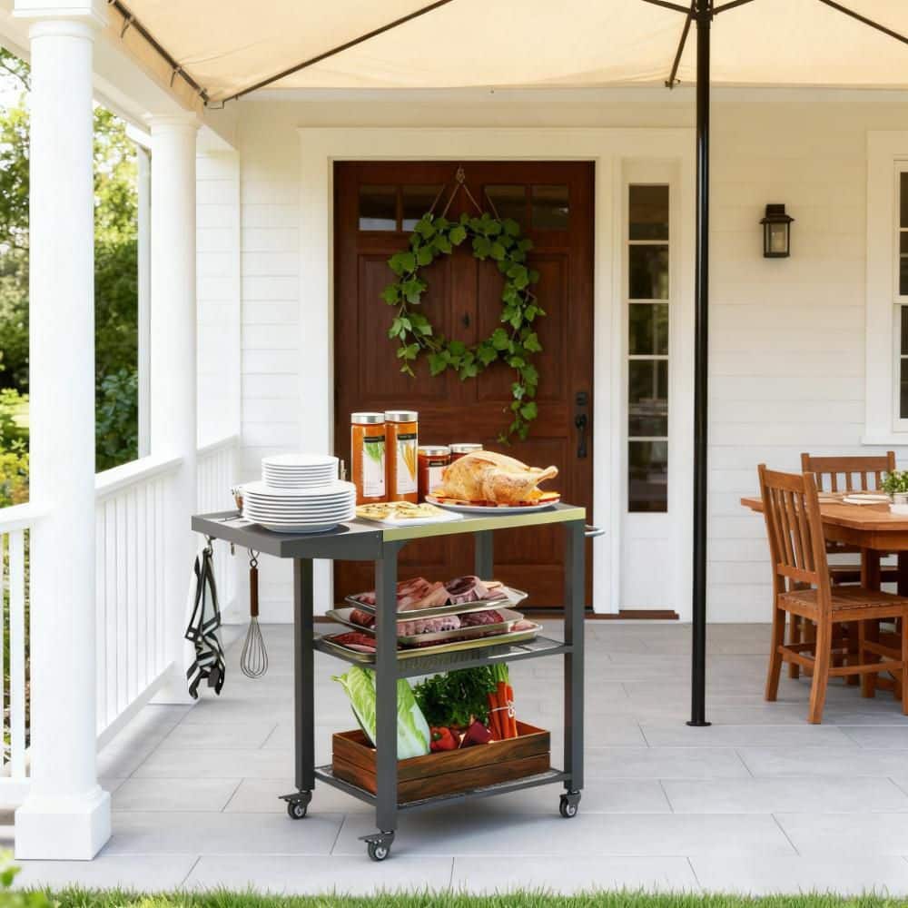 Black/Silver Metal Outdoor Side Table 3-Shelf Grill Cart with