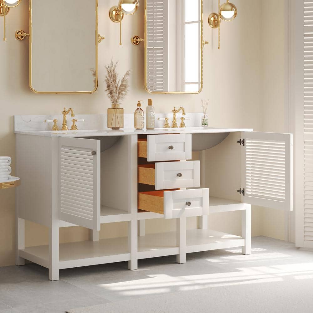 60'' White Double Sink Freestanding Bathroom Vanity with Marble Top