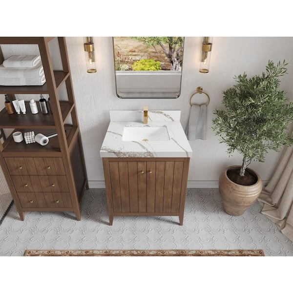 Willow Collections Atlanta Teak 30 in. Single Sink Freestanding Dark Natural Bath Vanity with Calacatta Laza Qt. Top Unassembled