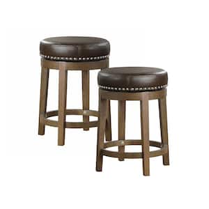 Paran 25 in. Brown Wood Round Swivel Counter Height Stool with Brown Faux Leather Seat (Set of 2)