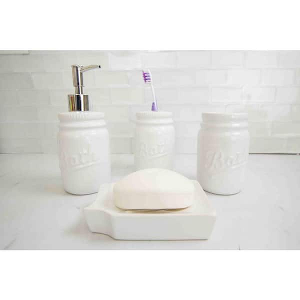 Home Basics 4 Piece Ceramic Luxury Bath Accessory Set with Stunning Sequin Accents - White