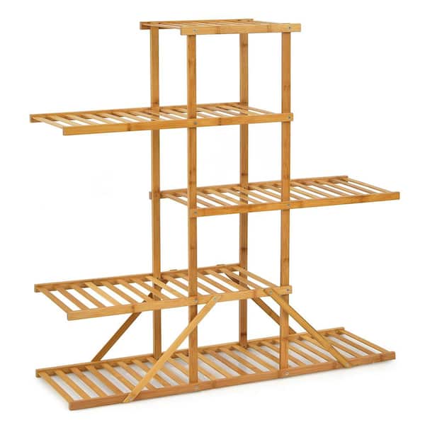Costway 39 in. x 12.5 in. x 39 in. Indoor/Outdoor Natural Wood Plant Stand 10 Potted Plant Shelf Display Holder 5-Tier