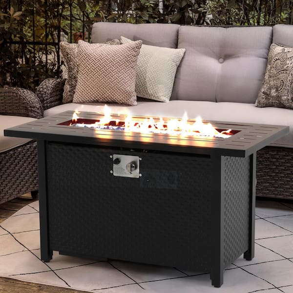 50,000 BTU 45 in. Iron Black Rectangle Steel Outdoor Dining Fire Pit Table with Glass Wind Guard, Blue Glass Stone