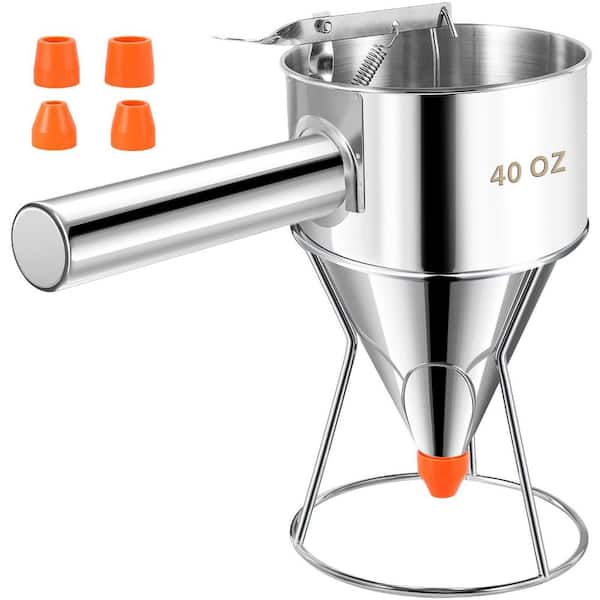 Silver Stainless Steel 40 oz. Pancake Batter Dispenser Funnel Cake Dispenser With Stand Leak-Proof Nozzle Squeeze Handle