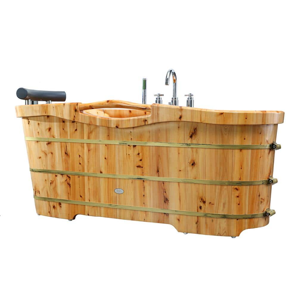 61'' Natural Cedar Freestanding Soaking Bathtub with Chrome Faucet