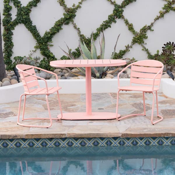 Avex Pink 3-Piece Metal Oval Table and 2 Chairs Outdoor Bistro Set