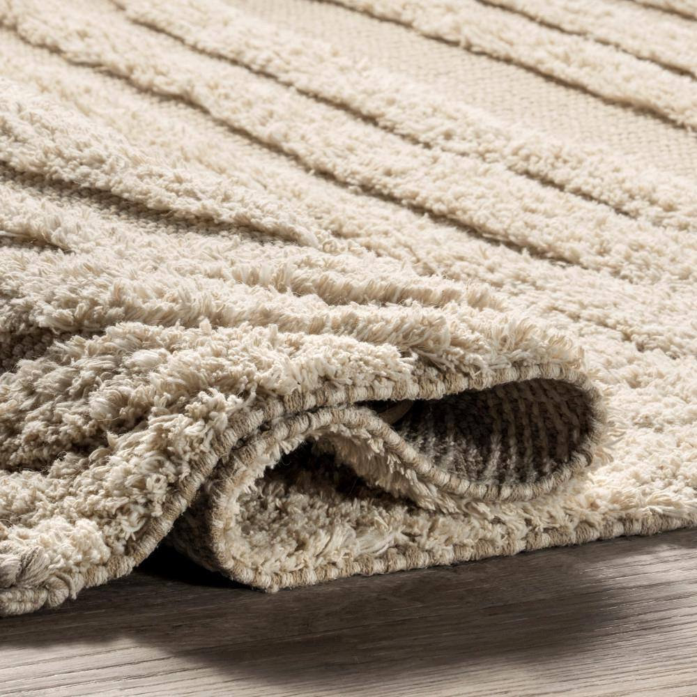 Ivory Hand-Tufted Wool and Cotton Shag Area Rug, 10' x 14'