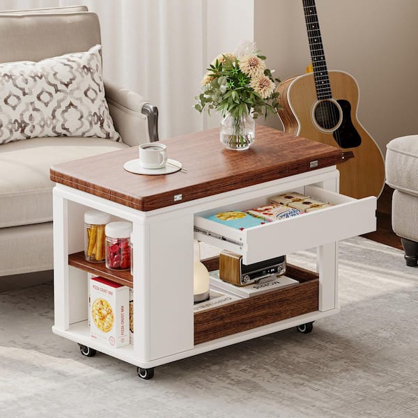 27.6 in. Walnut\White Rectangle MDF Wood Coffee Table with Foldable Top, Casters and Multi-Tier Storage