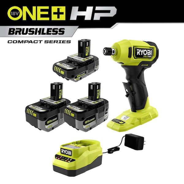 RYOBI ONE+ HP 18V Brushless Cordless Compact 1/4 in. Right Angle Grinder Kit w/(2)4.0Ah Batteries, (1)2.0Ah Battery, Charger