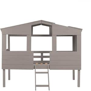 Pine Wood Cabana Low Loft Bed with 2-Step Ladder for Kids and Toddlers in Light Gray Finish