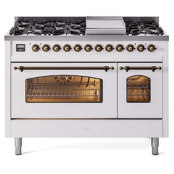 ILVE Nostalgie II 48 in. 8-Burner Plus Griddle Double Oven Natural Gas Dual Fuel Range in White with Bronze Trim