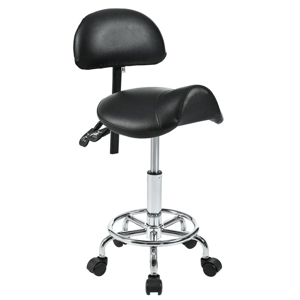 Black Upholstered Saddle Stool Adjustable Rolling Stool w/ Back Support & F