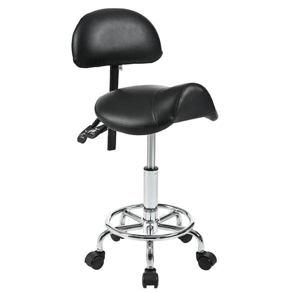 Black Upholstered Saddle Stool Adjustable Rolling Stool w/ Back Support & Foot Rest for Salon Spa Tattoo Massage Office