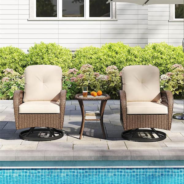 3-Piece Wicker Outdoor Bistro Set Patio Swivel Rocker Gliding Tempered Glass Table with Beige Cushions