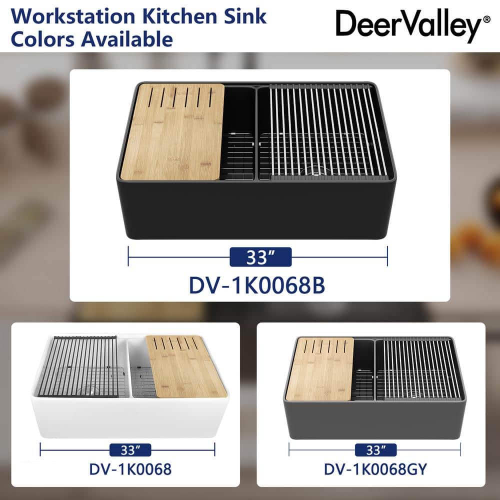 33" Black Fireclay Double Bowl Farmhouse Kitchen Sink with Accessories