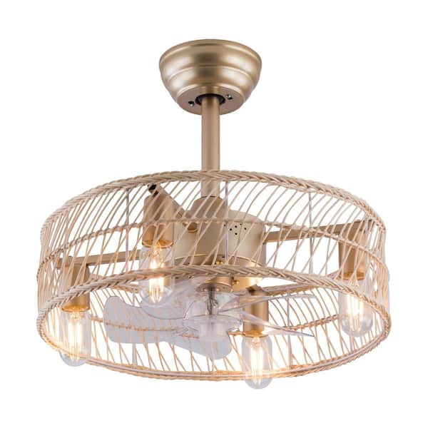 OUKANING 18 in. Indoor Gold Modern Bamboo Caged Ceiling Fan with Remote and Reversible Motor, No Bulbs Included