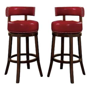 Swarthmore 30 in. Dark Oak and Red Low Back Wood Swivel Bar Stool with Faux Leather Seat (Set of 2)