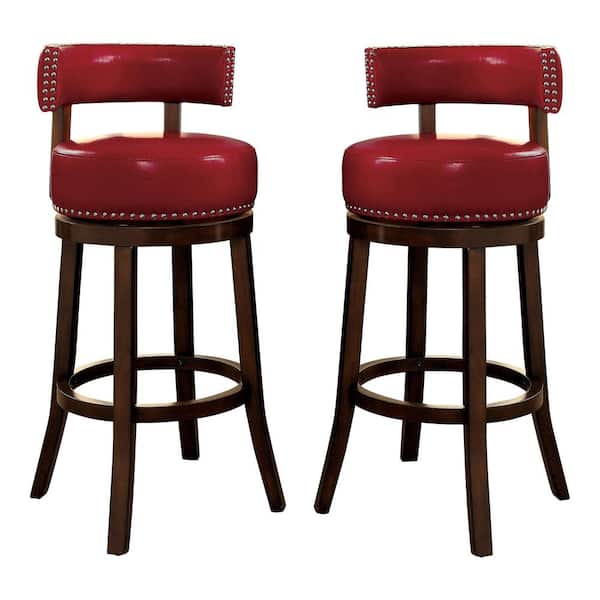 Furniture of America Swarthmore 30 in. Dark Oak and Red Low Back Wood Swivel Bar Stool with Faux Leather Seat (Set of 2)
