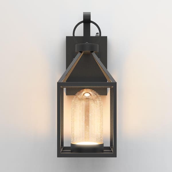 Hawaii Black Modern Dusk to Dawn Outdoor Integrated LED Hardwired Lantern Sconce with Clear Shade