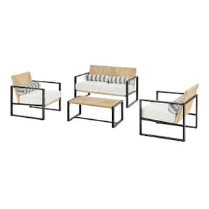 Sea Island Black 4-Piece Reinforced Aluminum Outdoor Conversation Set with Wicker Table and Natural White Cushions
