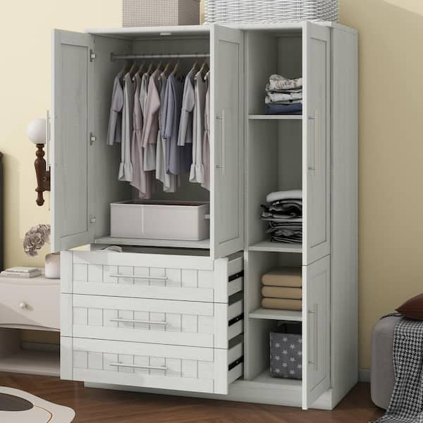 White 47.2 in. 4-Doors Wardrobe Armoire with Storage Shelves, 3 Drawers and Built-in Hanging Rail