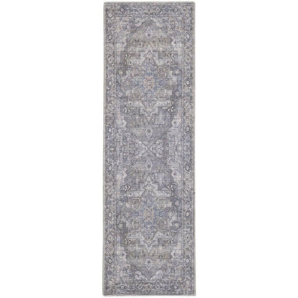 57 Grand Machine Washable Grey 2 ft. x 10 ft. Floral Traditional Kitchen Runner Area Rug
