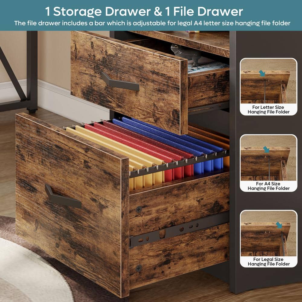 Rustic Brown L-Shaped Adjustable Height Desk with Filing Cabinet