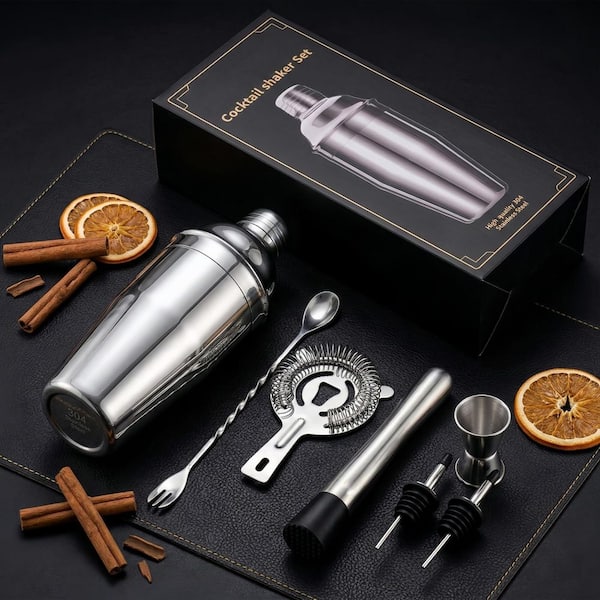 Cocktail Shaker Set with 1 oz. Silver Jigger, Strainer, Mixer Spoon, Muddler for Bar, Christmas, Birthday, and Beginners