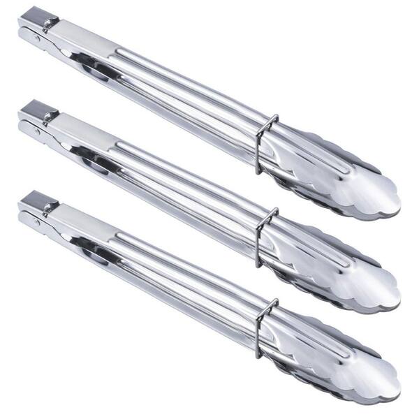Premium Silver Stainless Steel 3-Pack 12 in. Cooking and Grilling Tongs with Locking Design for Kitchen BBQ