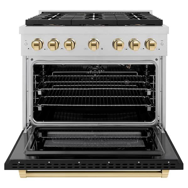 Autograph 36 in. 5.2 cu. ft. Gas Range with 6-Burner Cooktop and Gas Oven in Satin Stainless with Black Matte and Gold