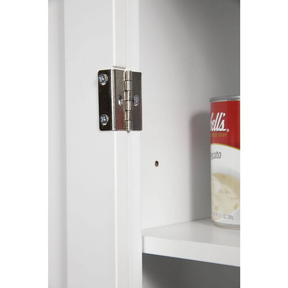 White Freestanding Pantry with Adjustable Shelving and Pine Top