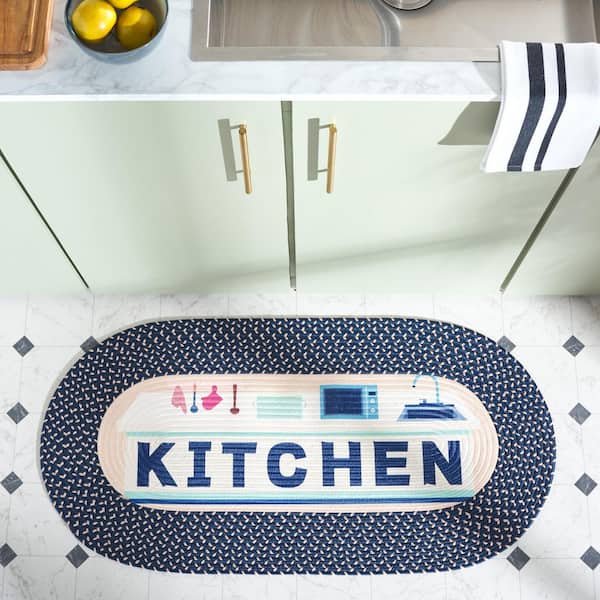 Braided Posters Ivory/Navy 2 ft. x 4 ft. Machine Washable Kitchen Modern Oval Area Rug