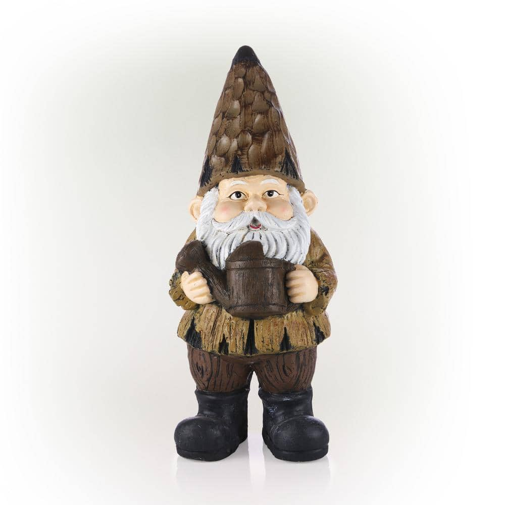 Alpine Corporation 16H Indoor/Outdoor Garden Gnome with Watering Can Statue, Brown