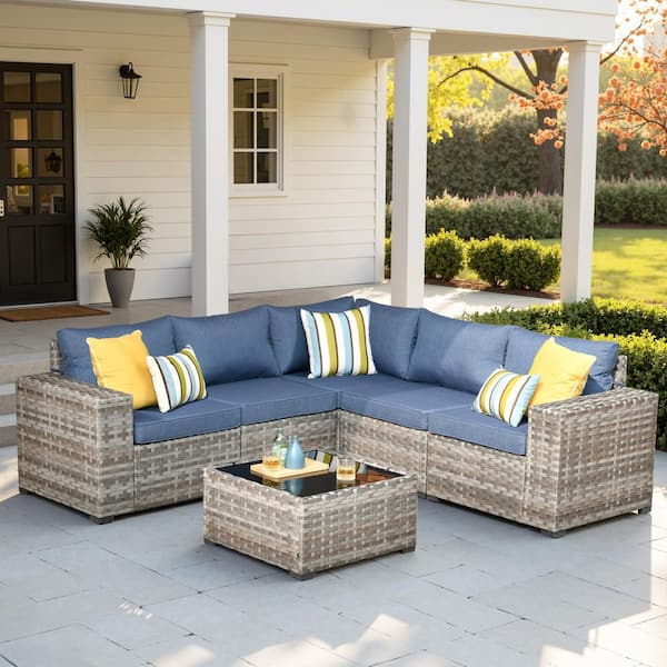 Tahoe Gray 6-Piece Wicker Extra-Wide Arm Outdoor Patio Conversation Sofa Set with Denim Blue Cushions