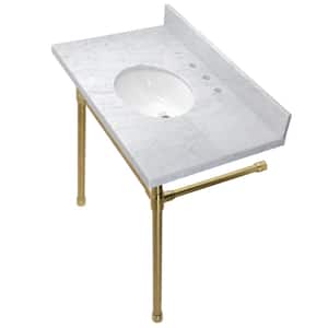 Dreyfuss 36 in. Carrara Marble Console Vanity Top with Stainless Steel Legs in Marble Brushed Brass