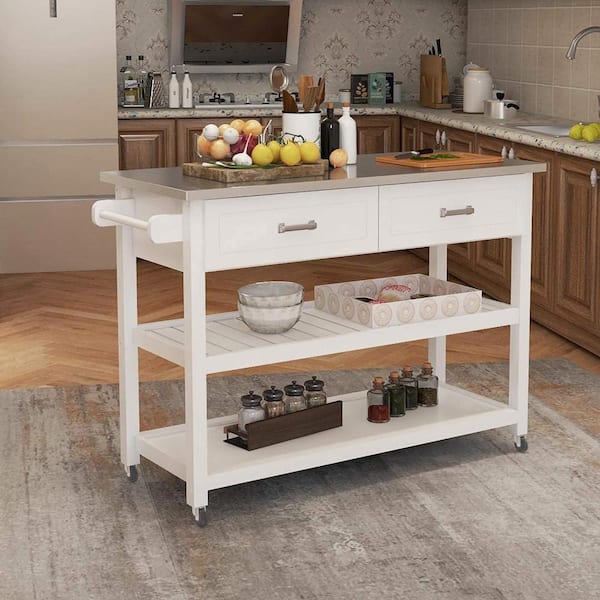 Hooseng Autoll White Kitchen Island, Stainless Steel Kitchen Island Work Table With Cabinet Doors And Drawers