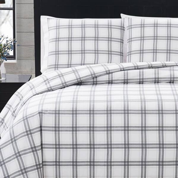 London Fog 3 Piece White And Grey Plaid, Black And White Flannel Duvet Covers