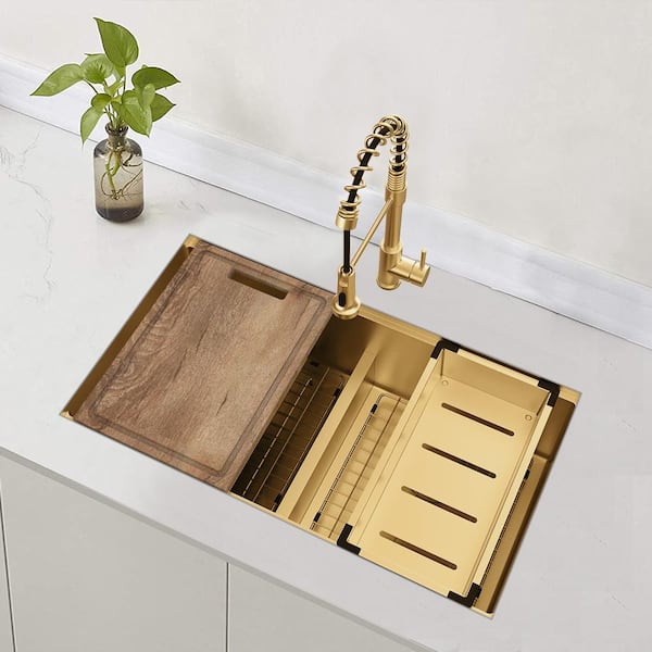 Glacier Bay 33 in. Undermount Double Bowl 18-Gauge Gold