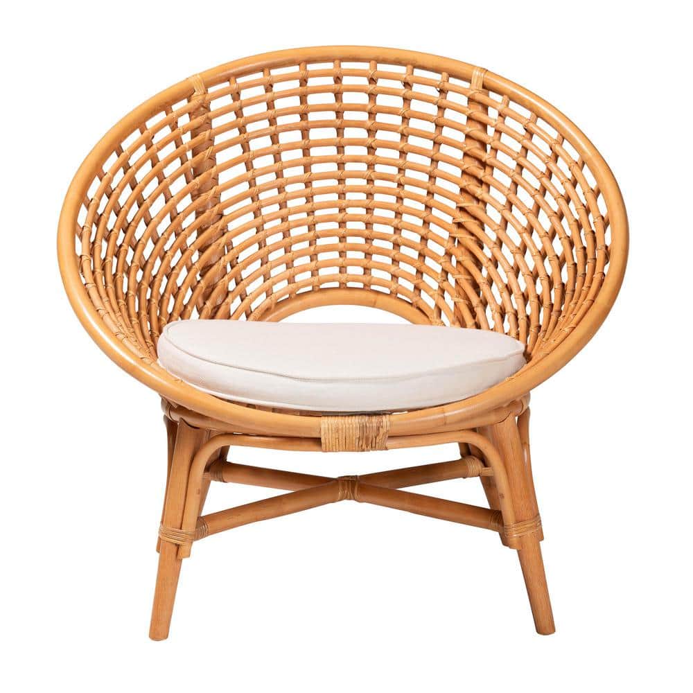Handcrafted Natural Rattan Bohemian Accent Chair with White Cushion