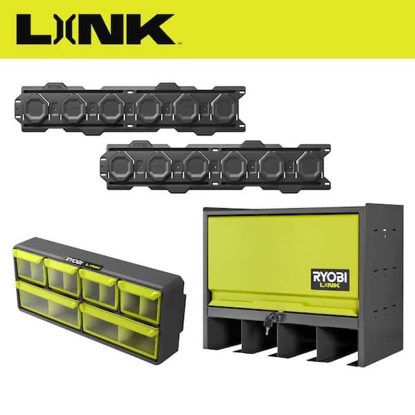 LINK Steel Lockable Tool Organizer Cabinet, Wall Rails (2-Pack) and 12-Compartment Small Parts Organizer Combo