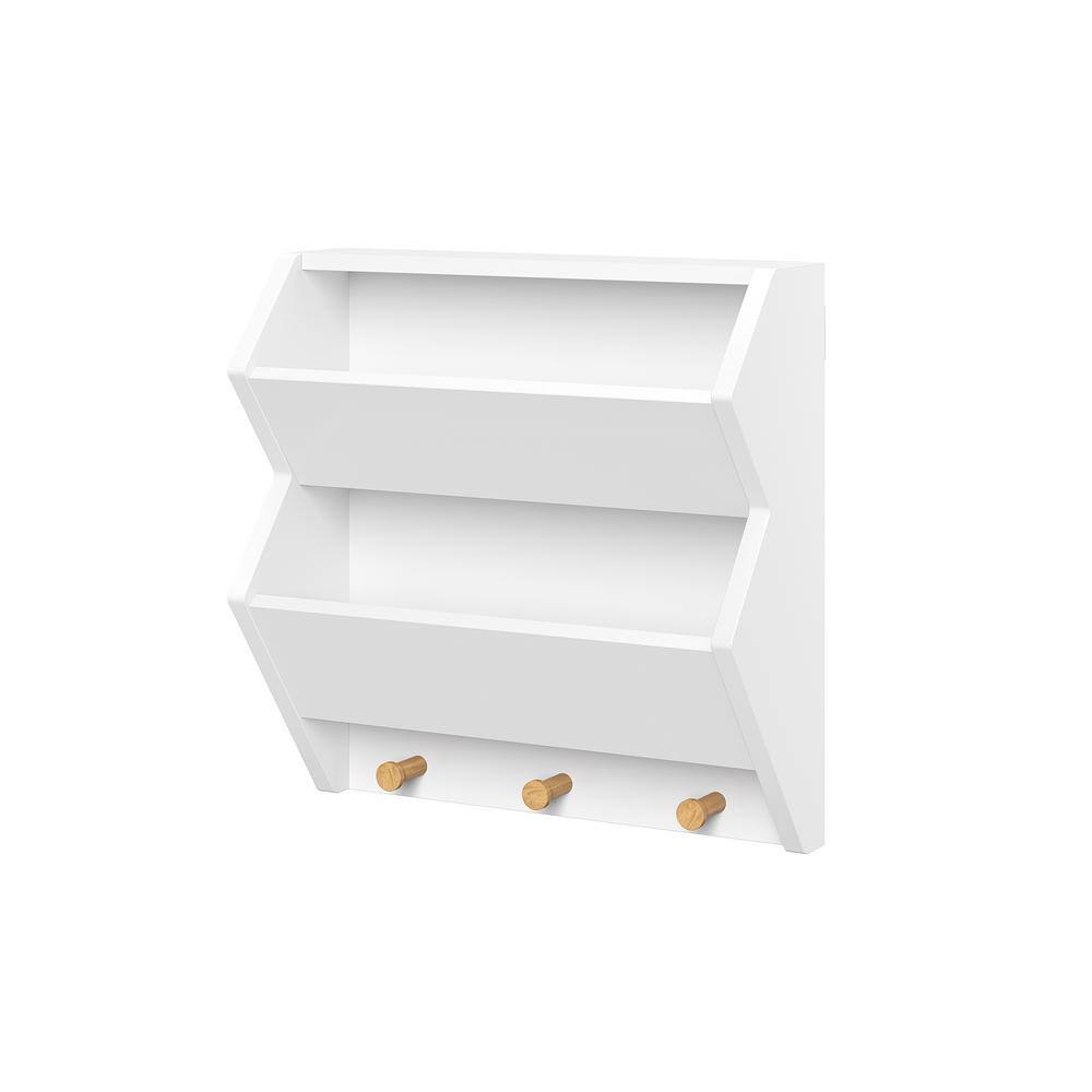 White MDF Floating Wall Shelf with Wooden Hooks
