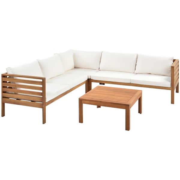 Boosicavelly Wood Structure Outdoor L-Shaped Patio Conversation Set with Beige Cushions