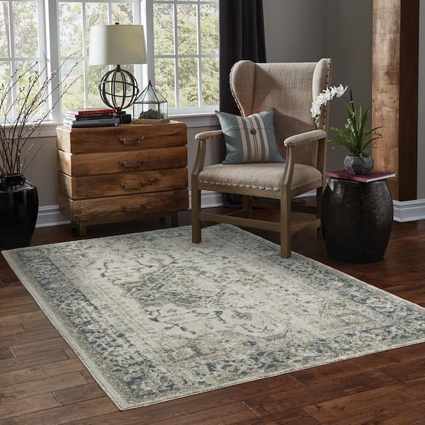 Apex Beige/Blue 2 ft. x 8 ft. Distressed Oriental Medallion Polyester Indoor Runner Area Rug